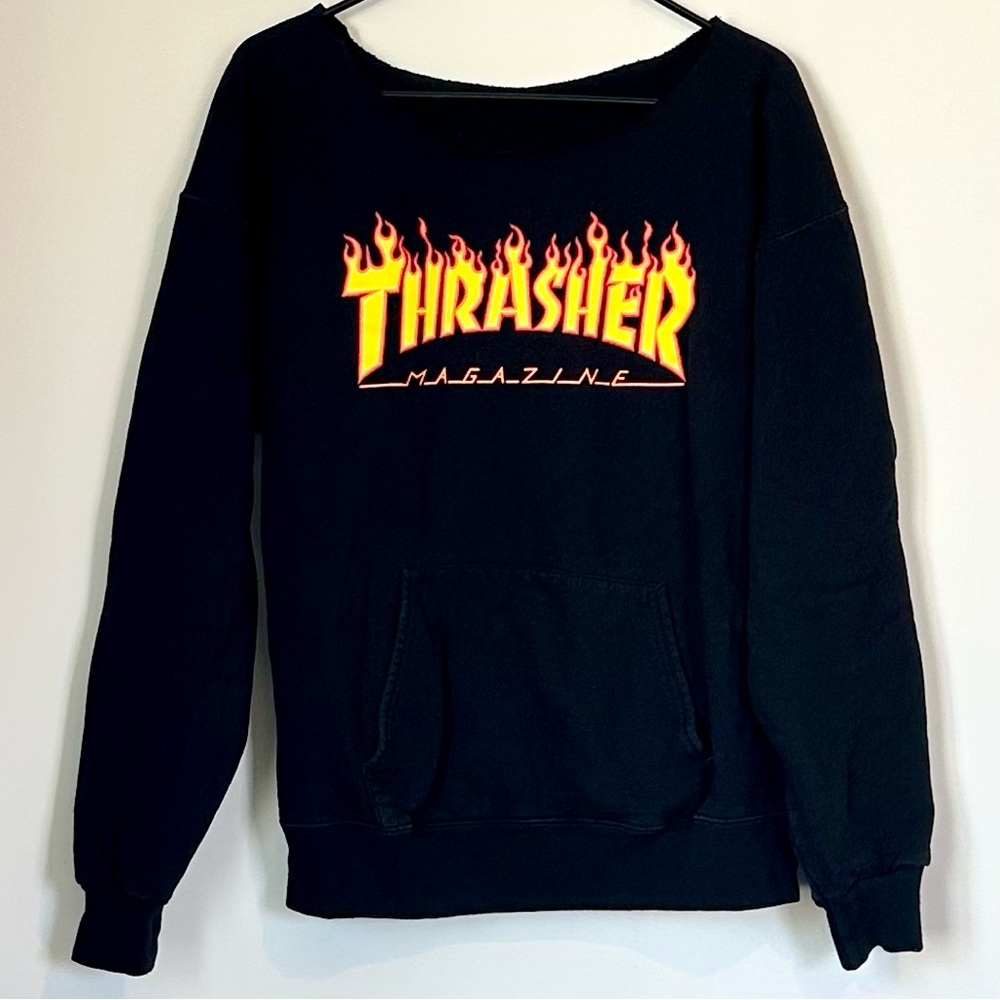 Cut Off Neck Thrasher Black Sweater with Fiery Logo - Size: Medium/Large